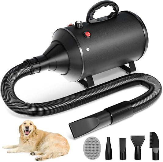 High Velocity Blow Dryer for Dogs, 5.2HP/ 3800W Dog Hair Dryer Speed Temperature Adjustable，Dog Blow Dryer with Thickened Handle,Low Noise Dog Blower Grooming Dryer，4 Nozzles,1 Massage Brush,Black