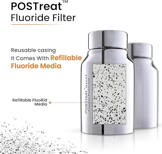 1.5 Gallons NSF Certified AISI 304 Stainless Steel Water Filter with 2 Smart Carbon (Black) Filters, 2 POSTreat Steel Fluoride Removal Elements, Free Water Spigot & Teak Wood Stand