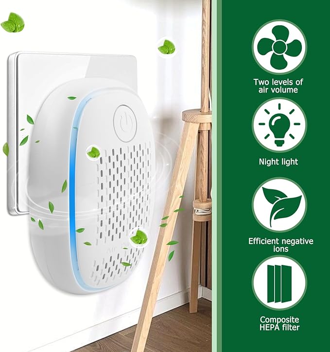 Air Ionizers HEPA Filter/Plug In Air Purifier for Home, Negative Ion Filtration System for Bathroom,Bedroom, Office, Kitchen, Mini Air Cleaner, Portable Air Filter (White) (1)