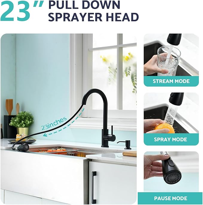 Kicimpro Black Kitchen Sink Faucet with Soap Dispenser, 3 Modes Black Kitchen Faucet with Pull Down Sprayer and Soap Dispenser, 304 Stainless Matte Single Handle Kitchen Faucets with Water Lines