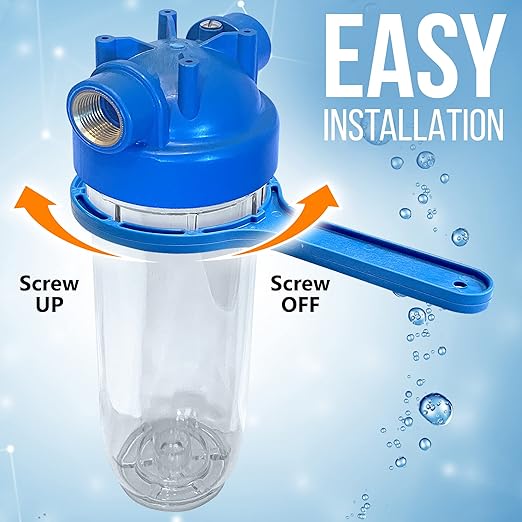 10 Inches European Design Transparent Standard Whole House Water Filter System with Presser Relief Valve, 3/4” Inlet/Outlet Brass Port and Yearly Supply (3) Granular Activated Carbon Cartridges