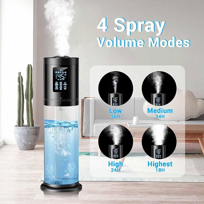 8L Humidifiers for Bedroom Large Room, 4 Levels Cool Mist Humidifier with Clear Tank, 7 Color Lights Essential Oil Diffuser with 16H Timer, Top Fill Humidifier for Home Plants Office