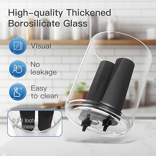 Gravity-Fed Water Filter System, 2.25G Glass Countertop System with 2 Black Purification Filter, Metal Spigot and Stand, NSF/ANSI 42 Certification, Reduces up to 99% of Chlorine