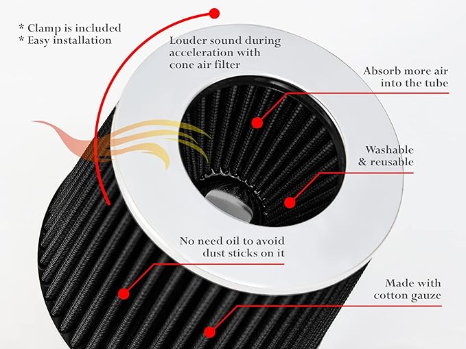 BLACK 3" 76 mm Inlet Cold Air Cone Replacement Performance Washable Clamp-On Dry Air Filter