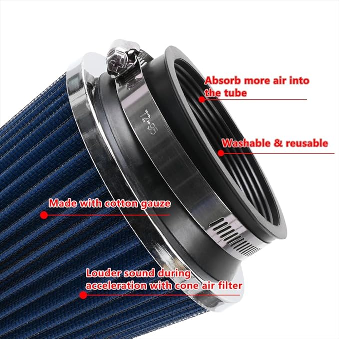 Clamp-On Cold Air Intake Filter, High Performance, Washable Filter, Replacement Air Filter, Flange Diameter 3inch/76mm Blue
