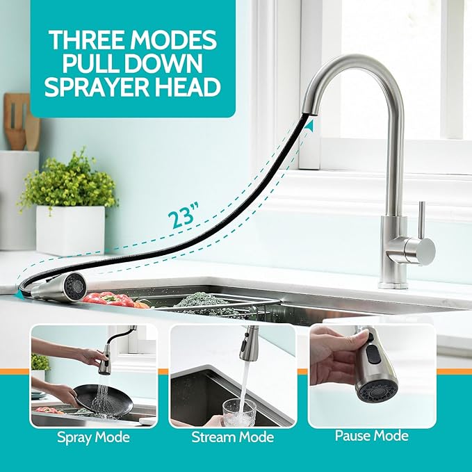 Kicimpro Chrome Kitchen Faucet, Kitchen Faucets for Sink 3 Hole High Arc Single Handle Stainless Steel Commercial RV Camper Kitchen Faucet with Pull Down Sprayer llaves para fregaderos de cocina