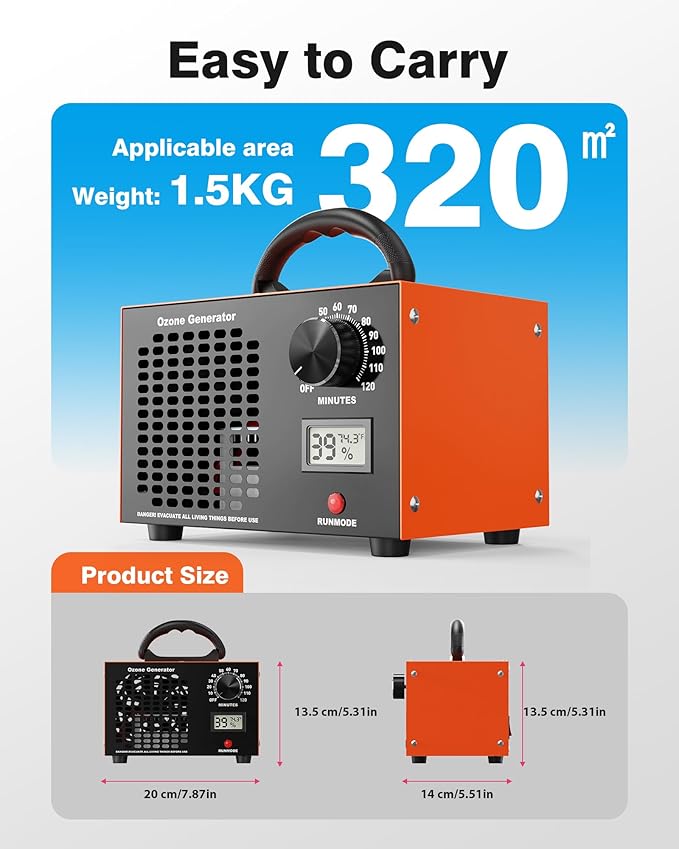 Ozone Generator 60000mg/H with Temp/Humidity Display - 120 Min Timer O3 Ionizer Air Purifier for Large Spaces (5000 Sq.Ft) - Upgraded Ozone Machine for Cars, Homes, Hotels, Kitchens & Pet Areas