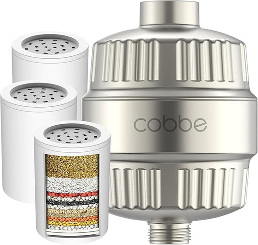 Cobbe High Output Shower Filter for Hard Water - 2 Replaceable Cartridges - Removing Chlorine and Harmful Substance, Dramatically Improves The Condition of Your Skin, Hair and Nails - Brushed Nickel