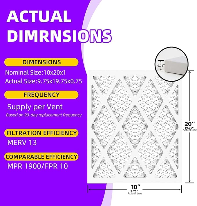 10x20x1 MERV 13 (6-Pack) Pleated Air Filter (Actual Size: 9.75" x 19.75" x 0.75") MPR 1900 & FPR 10, Furnace Air Filters 10x20x1 Air Filter
