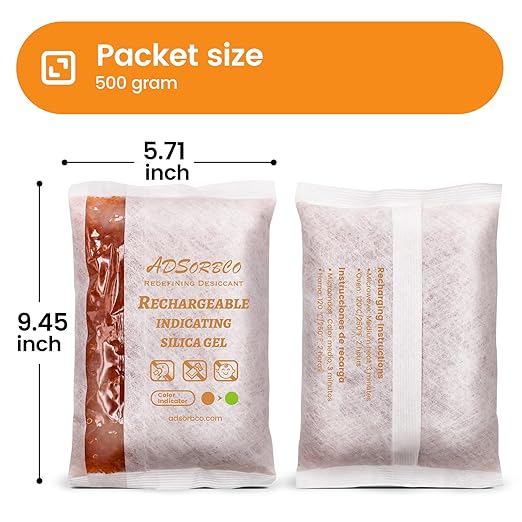 Adsorbco Rechargeable 500 Gram 4 Packs Desiccant, Indicating Silica Gel Packets, Moisture Absorbers for Storage, Gun Safe Dehumidifiers
