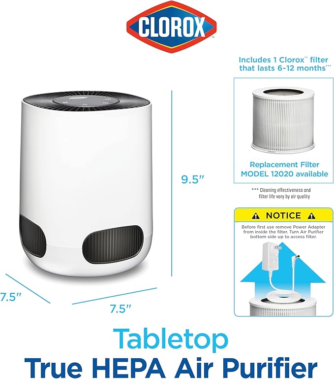 Clorox Air Purifiers for Bedroom Home, True HEPA Filter, Small Rooms Up to 200 Sq Ft, Removes 99.9% of Mold, Viruses, Wildfire Smoke, Allergens, Pet Allergies, Dust, AUTO Mode, Whisper Quiet
