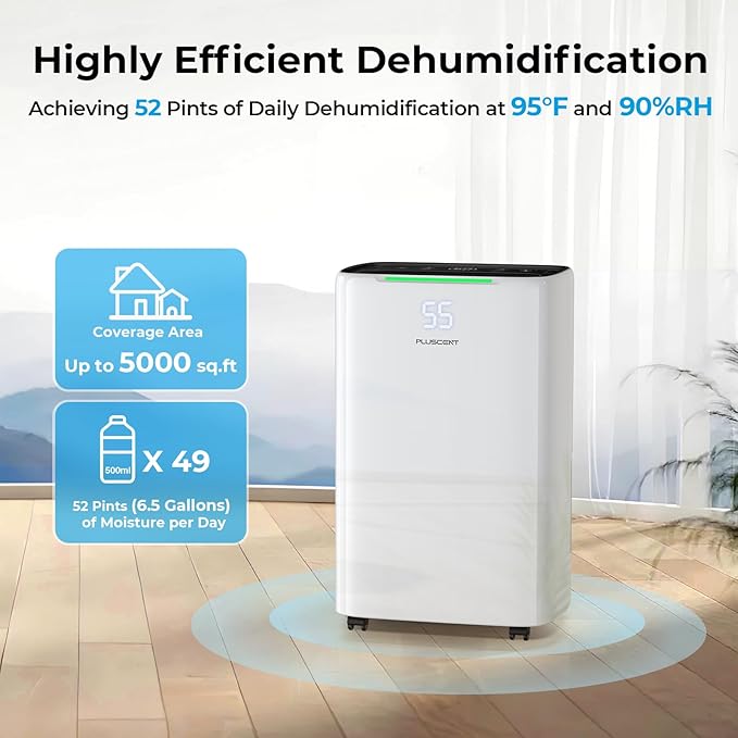 5000 Sq.Ft Dehumidifier for Basement with Drain Hose, PLUSCENT Max 52 Pint/Day Dehumidifiers for Home Bedroom Bathroom, 4 Modes, Smart Humidity Control, Auto Restart, Auto Defrost, 24H Timer