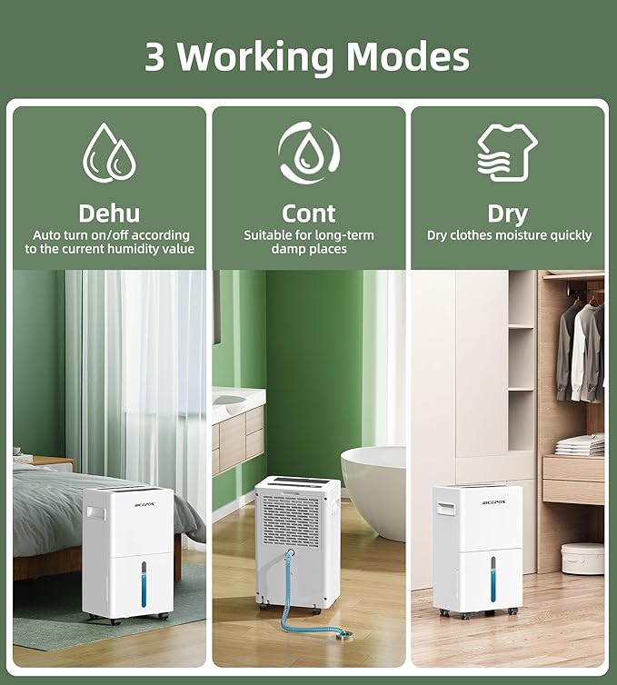 Bicepos 1500 sq.ft Dehumidifier for Basement, 21 Pints Dehumidifiers for Home with Drain Hose, Continuous Drainage, Auto Defrost, Intelligent Humidistat for Bedroom, Large Room, White