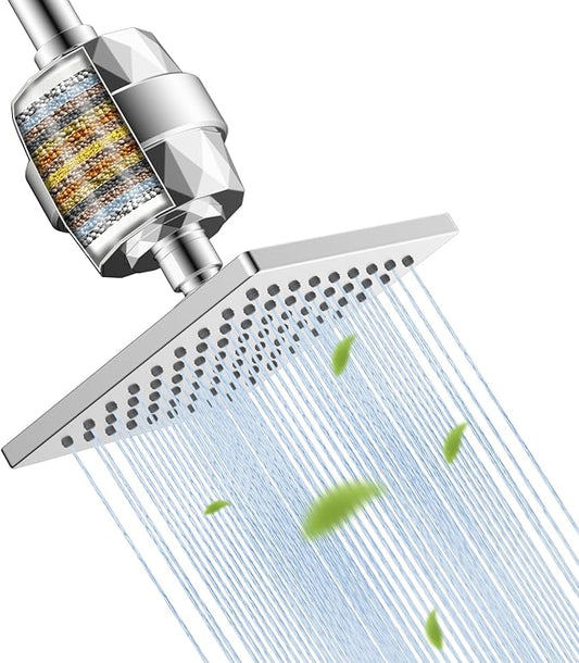 Hibbent Metal Filtered Shower Head, 6'' High Pressure RainShower Head, 20 Stage Shower Filter for Hard Water Softener, Bathroom Rainfall Shower Head to Remove Chlorine and Heavy Metals, Chrome