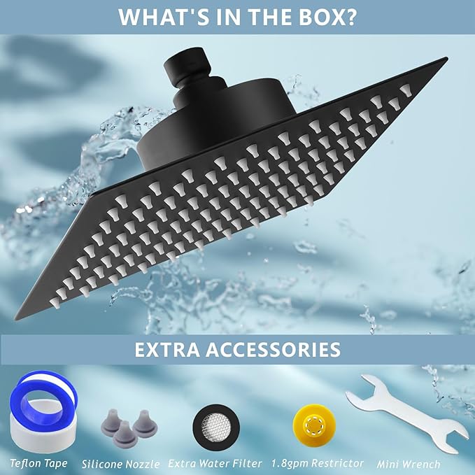 High Pressure Rain Shower Head with Filtered - 10" All Metal Square Showerhead Filter for Remove Chlorine and Harmful Substances, Matte Black