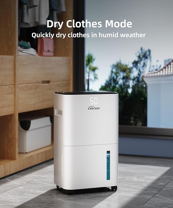 BRITSOU 34 Pint Dehumidifier for Basement with Drain Hose & 0.66 Gallon Water Tank, Manual & Auto Drainage, Smart Quiet Dehumidifiers for Home with Auto Shut off, 24HR Timer