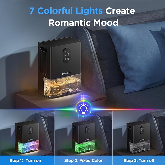 Dehumidifier, 106 OZ Water Tank (1000 sq.ft) Dehumidifiers for Home, Quiet Dehumidifier for Bathroom Bedroom Basement RV with Timer Setting, Auto Shut Off, 7 Colors LED Light, Sleep Modes, Black