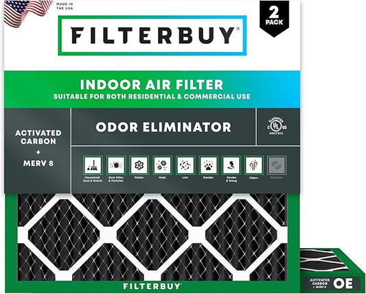 Filterbuy 10x10x1 Air Filter MERV 8 (MPR 700) Odor Eliminator Replacement (2-Pack), Electrostatic Pleated HVAC AC Furnace Filters w/Activated Carbon, Made in USA (Actual Size: 9.50 x 9.50 x 0.75)