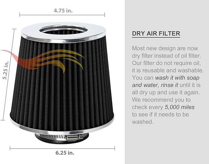 BLACK 3.25" 82.5 mm Inlet Cold Air Cone Replacement Performance Washable Clamp-On Dry Air Filter