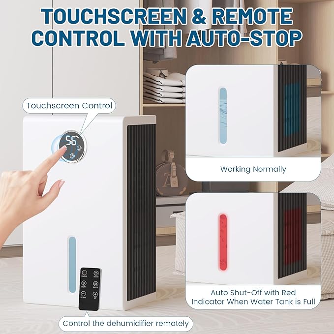 Dehumidifier for Home for Bedroom with 1000 sq.ft 120 OZ Water Tank,Dehumidifiers for Bathroom Basement with Remote Control,Auto Shut Off,Touchscreen,7 Colors LED Light