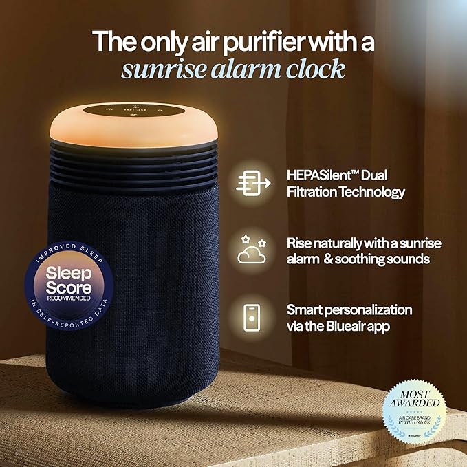 BLUEAIR Purifier for Bedroom - Mini Restful - Sunrise Clock with HEPASilent Filtration and Wake Up Light - Cleans Air and Supports Circadian Rhythm - USB-C and App Connectivity, Blue