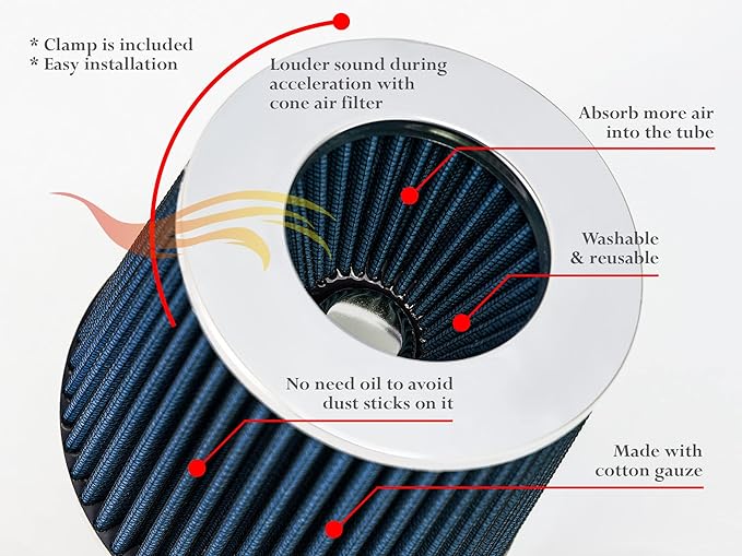 BLUE 6" 152 mm Inlet Truck Cold Air Cone Replacement Performance Washable Clamp-On Dry Air Filter (8" Tall)