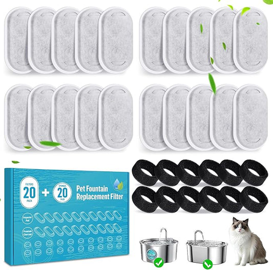 Cat Drinking Fountain Replacement Filter - Fits 67 oz/2 L and 108 oz/3.2 L Stainless Steel Drinkers - Activated Carbon and Ion Exchange Resin Filter - Pet Drinking Fountain Filters (20 Pack)