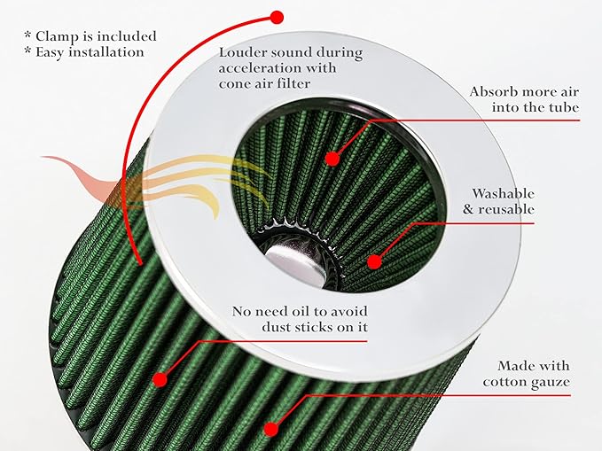 GREEN 2.75" 70 mm Inlet Cold Air Intake Cone Replacement Performance Washable Clamp-On Dry Air Filter