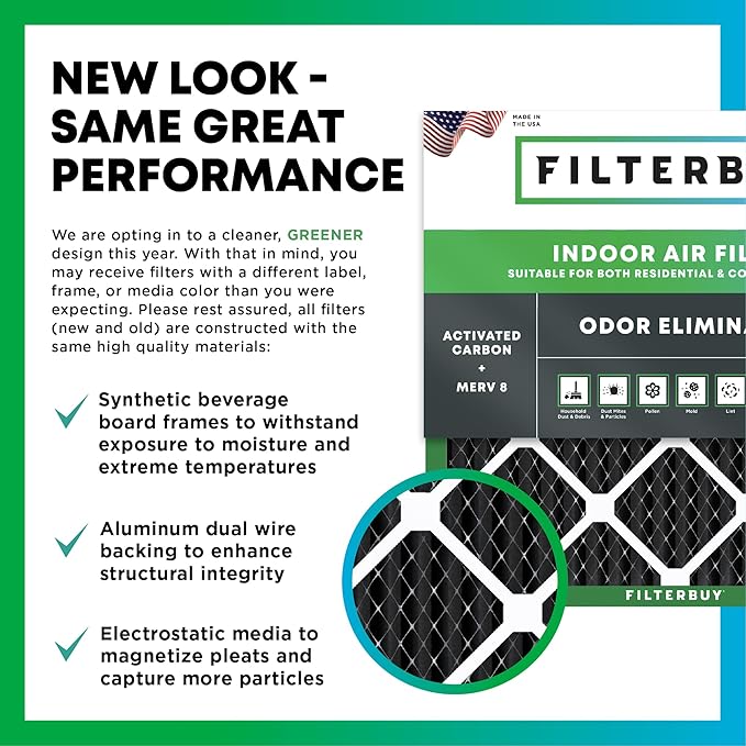 Filterbuy 12x30x1 Air Filter MERV 8 (MPR 700) Odor Eliminator Replacement (4-Pack), Electrostatic Pleated HVAC AC Furnace Filters w/Activated Carbon, Made in USA (Actual Size: 11.88 x 29.88 x 0.75)