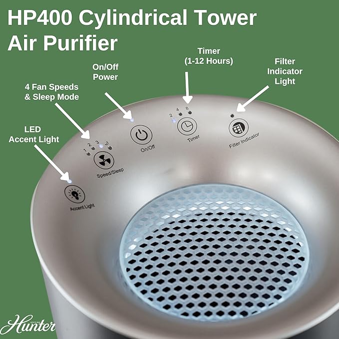 Hunter HP400 Round Air Purifiers for Home, True HEPA Air Purifier Tower for Pets, Odors, Allergens, Smoke, Dust, VOC's. HEPA Air Purifiers for Bedroom and Small Room. Sage and Silver