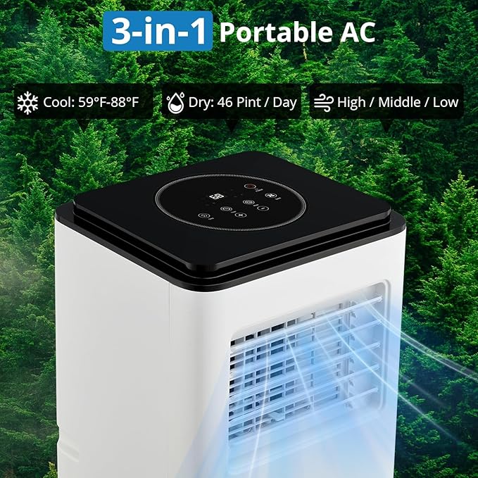 10,000 BTU Portable Air Conditioner for Rooms Up to 450 Sq.Ft, 3-In-1 Cooling, Dehumidifier & Fan with Remote, Ultra-Quiet 45dB, 24H Timer, Energy-Efficient & Easy-Move Design, Black Top