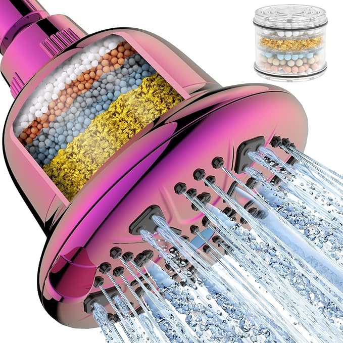 Filtered Shower Head - High Pressure Shower Head with filter for Hard Water - Rain Shower Head Water Softener - Luxury 7 Settings Adjustable Water Filter Showerhead (Radiant Rainbow)