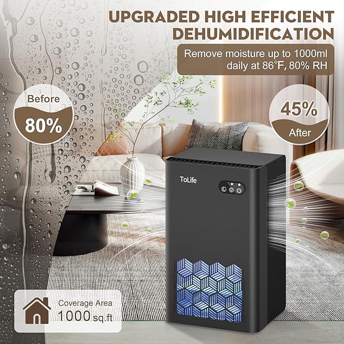 ToLife Dehumidifiers for Home, 1000 sq.ft Dehumidifier for Basement Bedroom Bathroom with 95 OZ Water Tank, Auto Shut Off 7 Colors LED Light, Black
