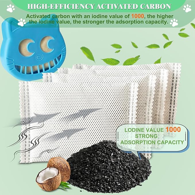 Unscented Cat Litter Box Deodorizer Kit Stick-On Activated Carbon Odor Eliminators Compatible with most manual and automatic litter boxes (4 Refills+ 1 Box) (Blue, Unscented)
