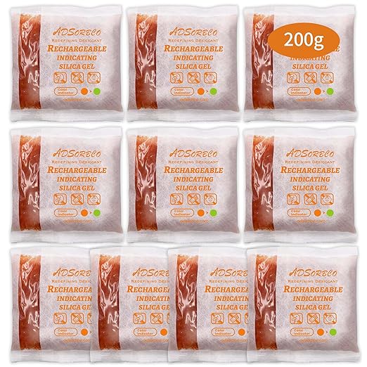 Adsorbco Rechargeable 200 Gram 10 Packs Desiccant, Indicating Silica Gel Packets, Moisture Absorbers for Storage, Gun Safe Dehumidifiers
