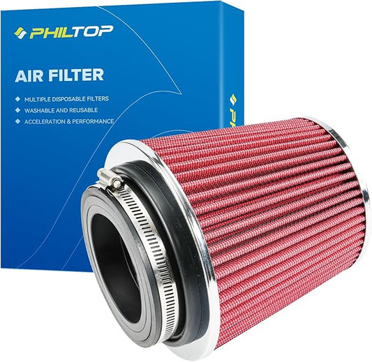 PHILTOP Universal Clamp-On Air Intake Filter, Replacement Air Filter: High Flow Air Filter 4-Inch Round Tapered Air Intake Filter - Washable, High Performance, 3" or 3.5" or 4" adjustable fitting