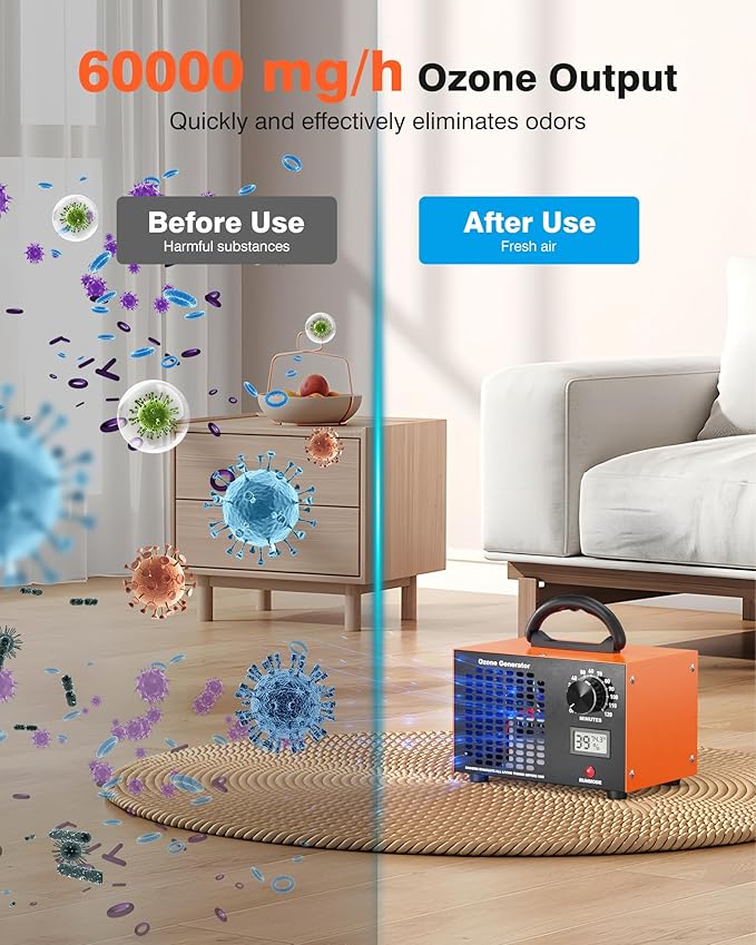 Ozone Generator 60000mg/H with Temp/Humidity Display - 120 Min Timer O3 Ionizer Air Purifier for Large Spaces (5000 Sq.Ft) - Upgraded Ozone Machine for Cars, Homes, Hotels, Kitchens & Pet Areas