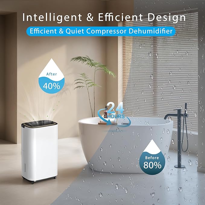 52 Pint Dehumidifier- 5000 Sq. Ft. Large Basement Dehumidifiers with Drain Hose for Large Rooms - Powerful Moisture Removal with Compressor- Dehu/Dry/Air Mode, LED Display,Timer, Child Lock