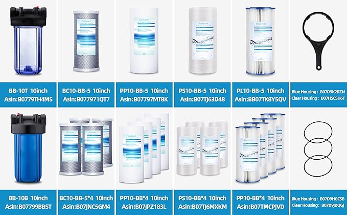 Geekpure 10 Inch Whole House Water Filters Set w/PP and Carbon Block -4.5"x 10"-5 Micron