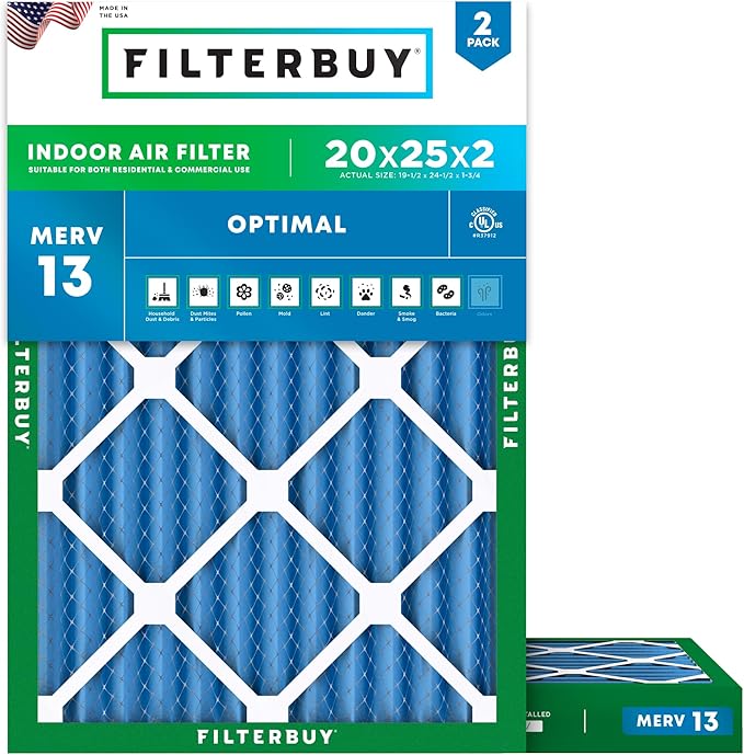 Filterbuy 20x25x2 Air Filter MERV 13 (MPR 1900) Health Defense Replacement (2-Pack), Electrostatic Pleated HVAC AC Furnace Filters, Made in USA (Actual Size: 19.50 x 24.50 x 1.75)