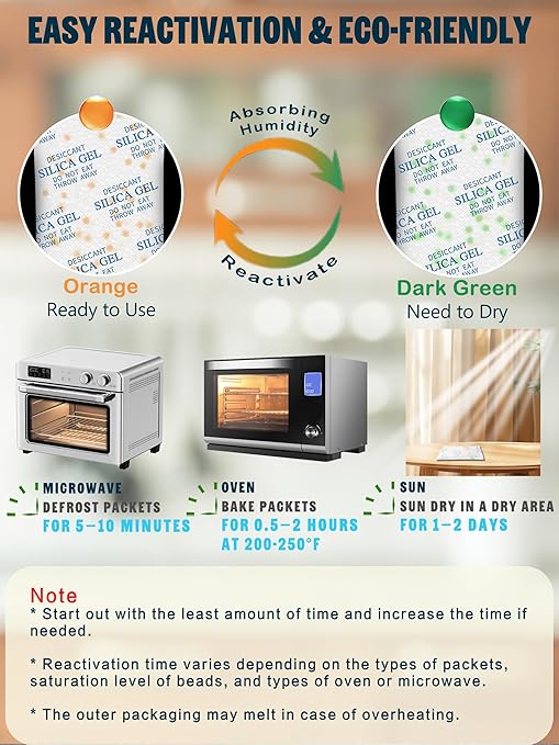 100 Gram 10 Pcs (Color-Indicating) Silica Gel Packets, Premium Food Grade Desiccant, Rechargeable Moisture Absorbers for Car, Storage Bins, Suitcase, Safe, 3D Filaments, Electronics