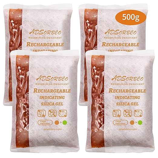 Adsorbco Rechargeable 500 Gram 4 Packs Desiccant, Indicating Silica Gel Packets, Moisture Absorbers for Storage, Gun Safe Dehumidifiers
