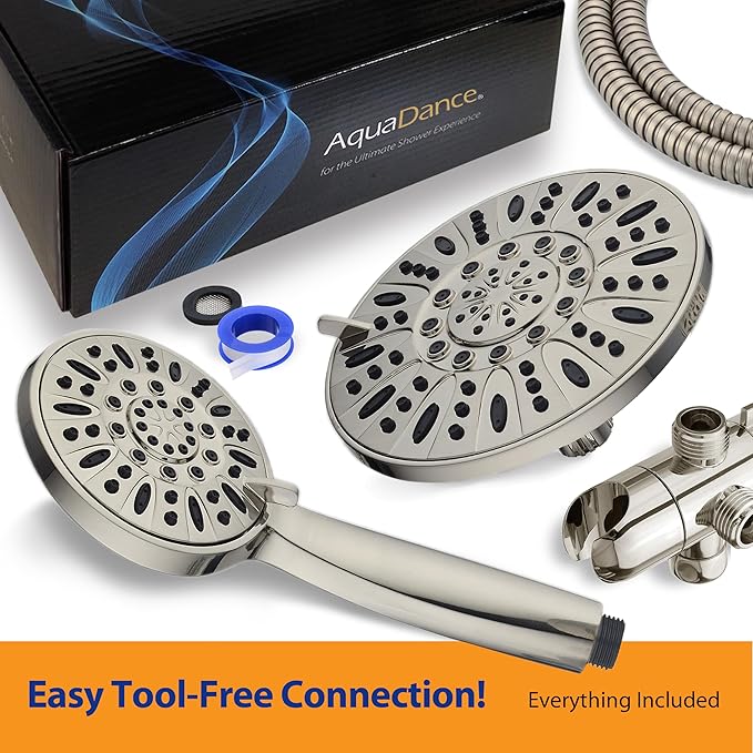 AquaDance for California - 7" Premium High Pressure 3-Way Rainfall Combo for Best of Both Worlds - Enjoy Luxury 6-Setting Rain Showerhead and Hand Held Shower Separately or Together - Nickel Finish