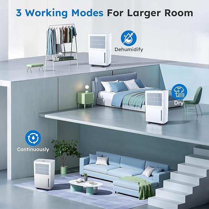 2500 Sq.Ft Dehumidifiers with Drain Hose for Home, 30 Pints Large Room Dehumidifier with Smart Humidity Control, 24H Timer, 3 Working Modes for Bathroom & Bedroom