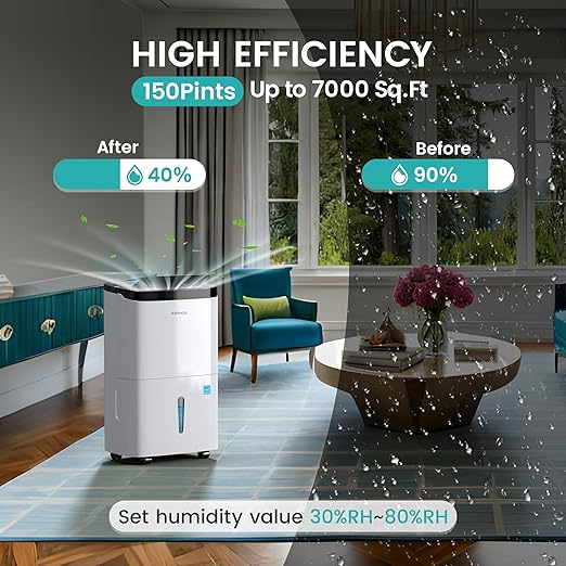 Kesnos 150 Pints 2025 Energy Star Dehumidifier for Home, Basement with Drain Hose & Large Tank, Ideal for Spaces up to 7,000 Sq. Ft. - Portable Commercial Dehumidifier with Auto Defrost & Self-Drying