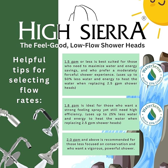 High Sierra® Solid Metal Handheld Shower Head, Lead-Free, with Built-In Trickle Valve. Shower Hose and Holder Not Included. High Pressure 2.0 GPM. Polished Chrome