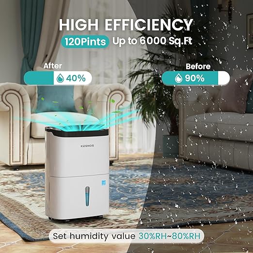 Kesnos 120 Pints 2025 Energy Star Dehumidifier for Home and Basement with Drain Hose, Ideal for Large Spaces Up to 6,000 Sq. Ft., Auto Defrost and Self Drying