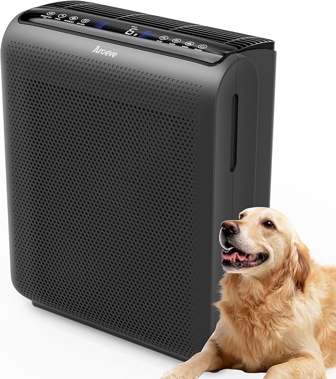 AROEVE Air Purifiers for Bedroom Home Large Room Up to 1504 Ft², 5 Layer Filter for Smoke Pollen Allergies Pet Dander Odor, Air Quality Monitor, Sleep Mode, Timer for Office, Dorm, Kitchen, MK07 Black