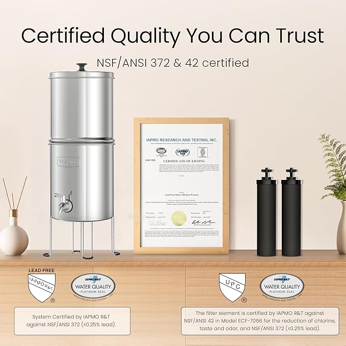 Waterdrop Gravity-fed Water Filtration System, NSF/ANSI 42&372 Certified Black Carbon Filters, Reduce Lead and Up to 99% Chlorine, with Stainless Steel Stand, 1.5 Gallons