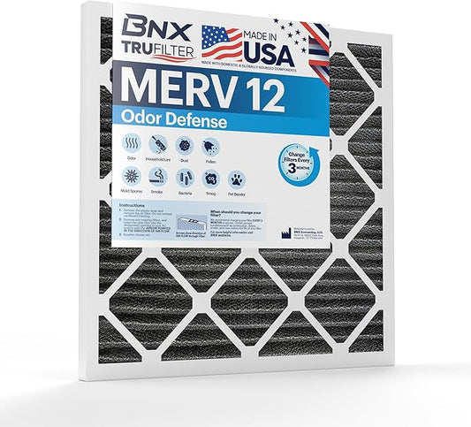 BNX TruFilter 14x25x1 MERV 12 Odor Defense (1-Pack) AC Furnace Air Filter with Activated Carbon - MADE IN USA - Pleated Air Conditioner HVAC AC Furnace Filters - Removes Odor, Mold, Bacteria, Smoke
